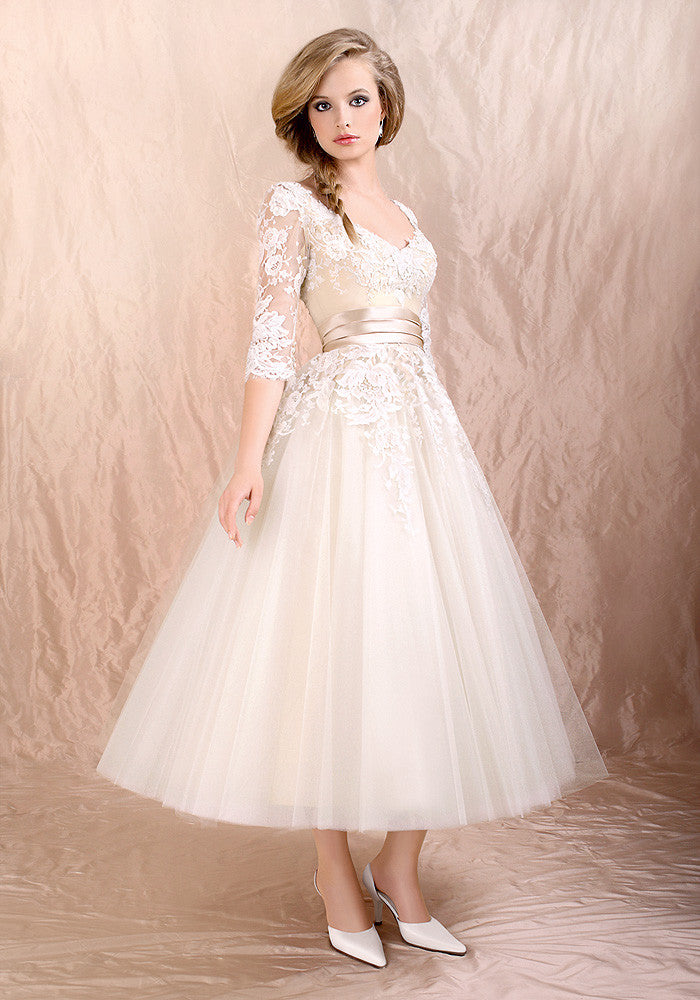Retro 50s 60s Tea Length Lace Tulle Formal Wedding Dress DV1036 Size 12 / White