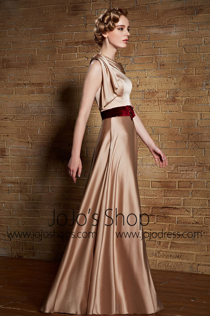 Grecian Gold Satin Long Military Ball Gown Evening Dress | CX830880