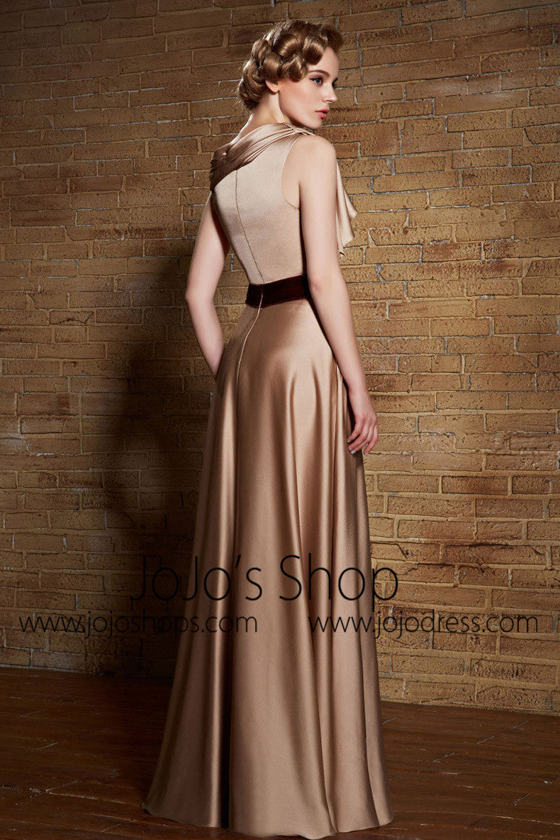 Grecian Gold Satin Long Military Ball Gown Evening Dress | CX830880