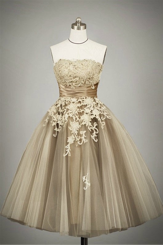 Retro 50s Tea Length Strapless Lace Tulle Formal Prom Dress