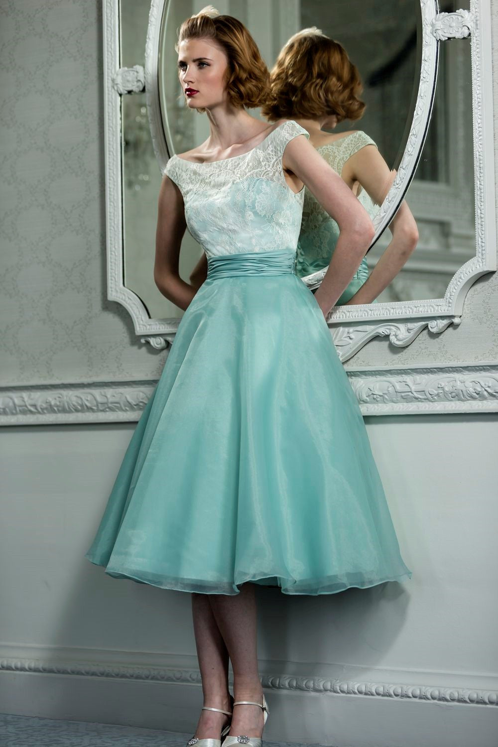 Retro Vintage Style Lace Organza Tea Length Wedding Prom Formal Dress DV2066 Size 4 / Green