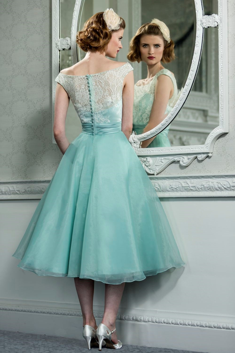 Retro Vintage Style Lace Organza Tea Length Wedding Prom Formal Dress DV2066 Size 4 / Green Retro Vintage Style Lace Organza Tea Length Wedding Prom Formal Dress DV2066 Size 4 / Green