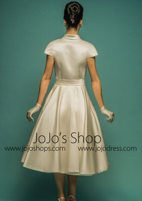 Retro Champagne Tea Length Dress with Sleeves