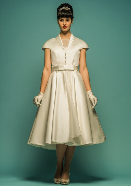Retro Champagne Tea Length Dress with Sleeves