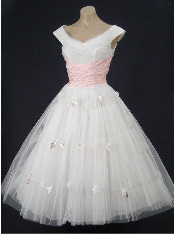 Retro Vintage Style 50s White and Pink Tea Length Wedding Prom Party Dress | DV1004 Size 12 / White Retro Vintage Style 50s White and Pink Tea Length Wedding Prom Party Dress | DV1004 Size 12 / White