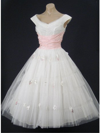 Retro Vintage Style 50s White and Pink Tea Length Wedding Prom Party Dress | DV1004