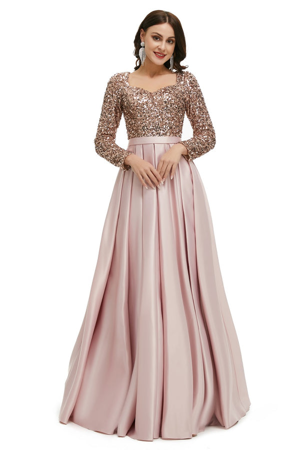 Blush Sparkly Modest Maxi Formal Evening Dress with Sleeves EN5005