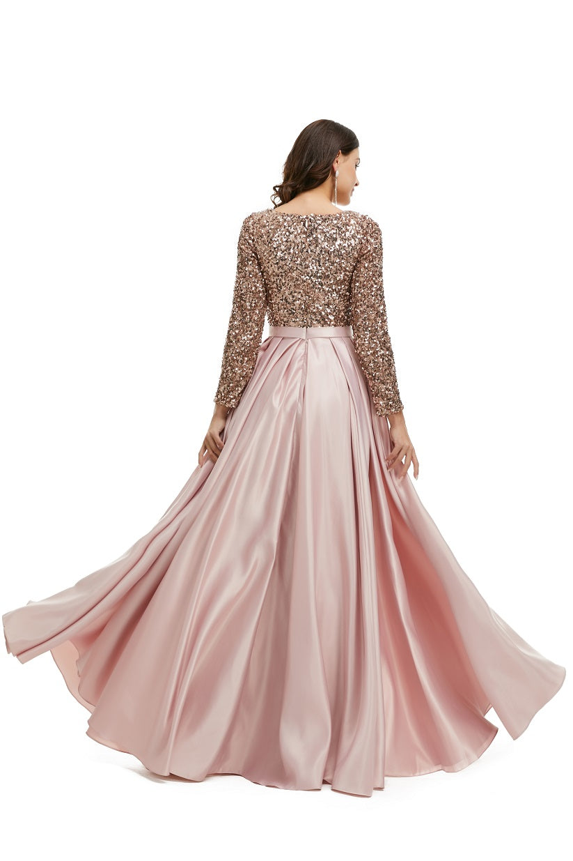 Blush Sparkly Modest Maxi Formal Evening Dress with Sleeves EN5005