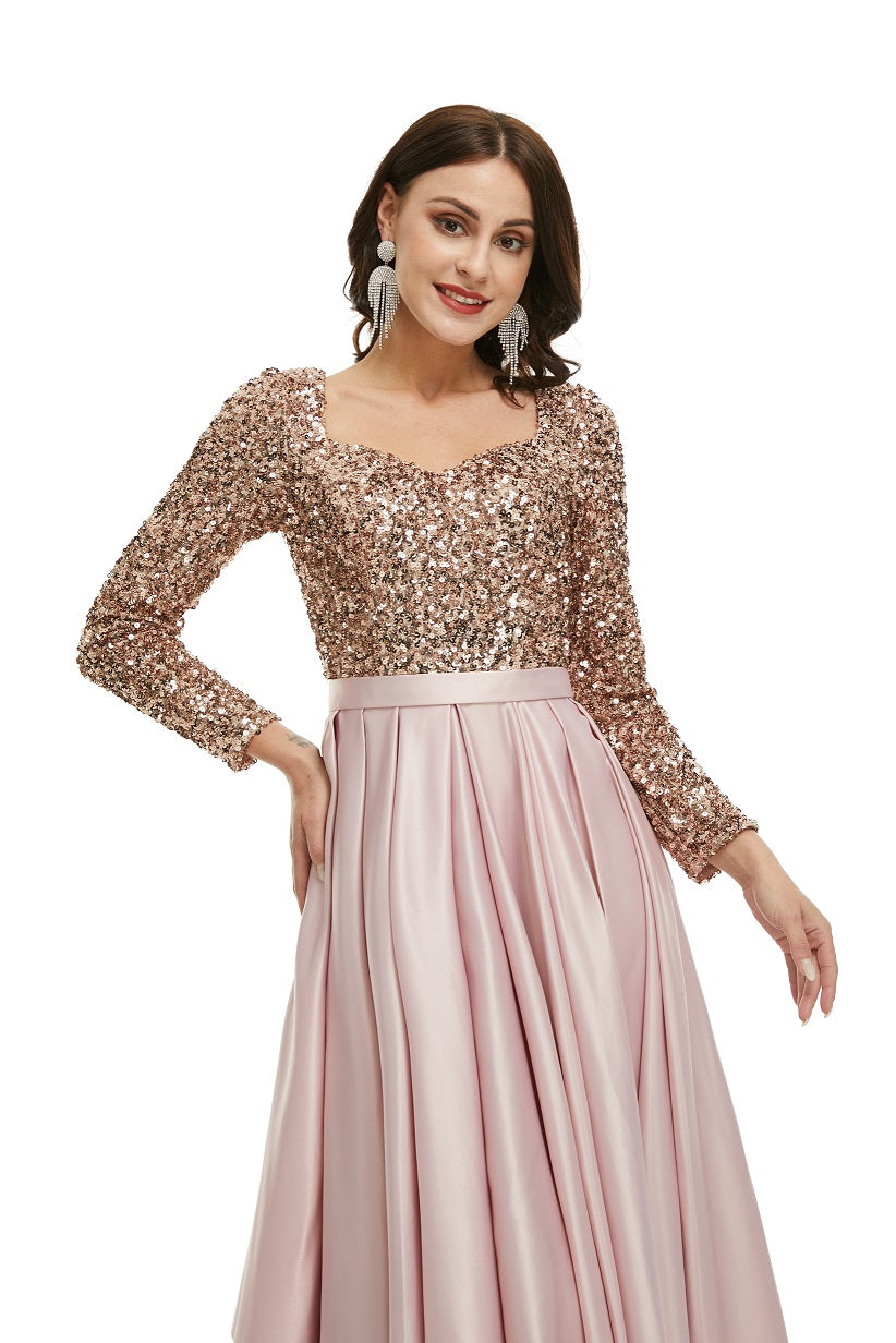Blush Sparkly Modest Maxi Formal Evening Dress with Sleeves EN5005