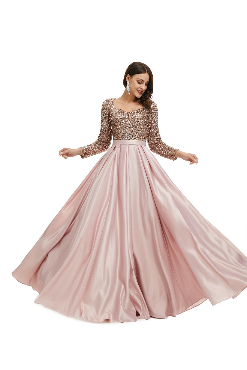 Blush Sparkly Modest Maxi Formal Evening Dress with Sleeves EN5005