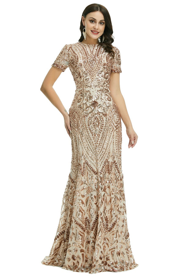Rose Gold Sequins Modest Maxi Fitted Gala Formal Evening Dress EN5010