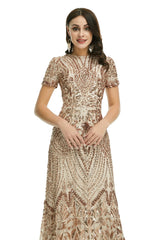 Rose Gold Sequins Modest Maxi Fitted Gala Formal Evening Dress EN5010