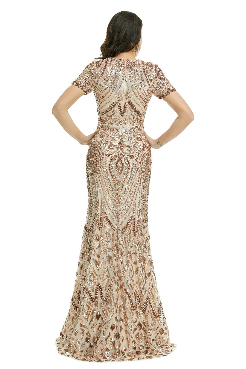 Rose Gold Sequins Modest Maxi Fitted Gala Formal Evening Dress EN5010 Size 6 / Rose Gold Rose Gold Sequins Modest Maxi Fitted Gala Formal Evening Dress EN5010 Size 6 / Rose Gold