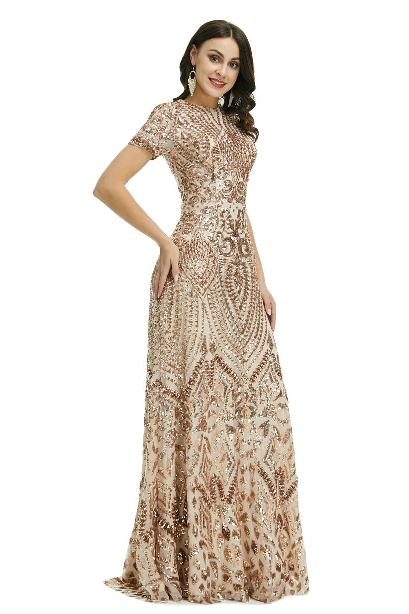 Rose Gold Sequins Modest Maxi Fitted Gala Formal Evening Dress EN5010