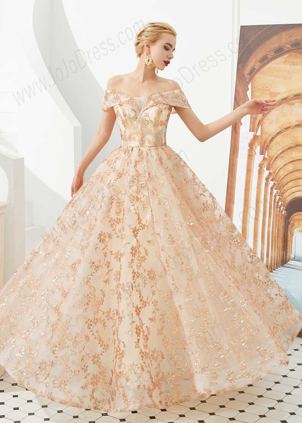 Rose Gold Lace Ball Gown Prom Dress