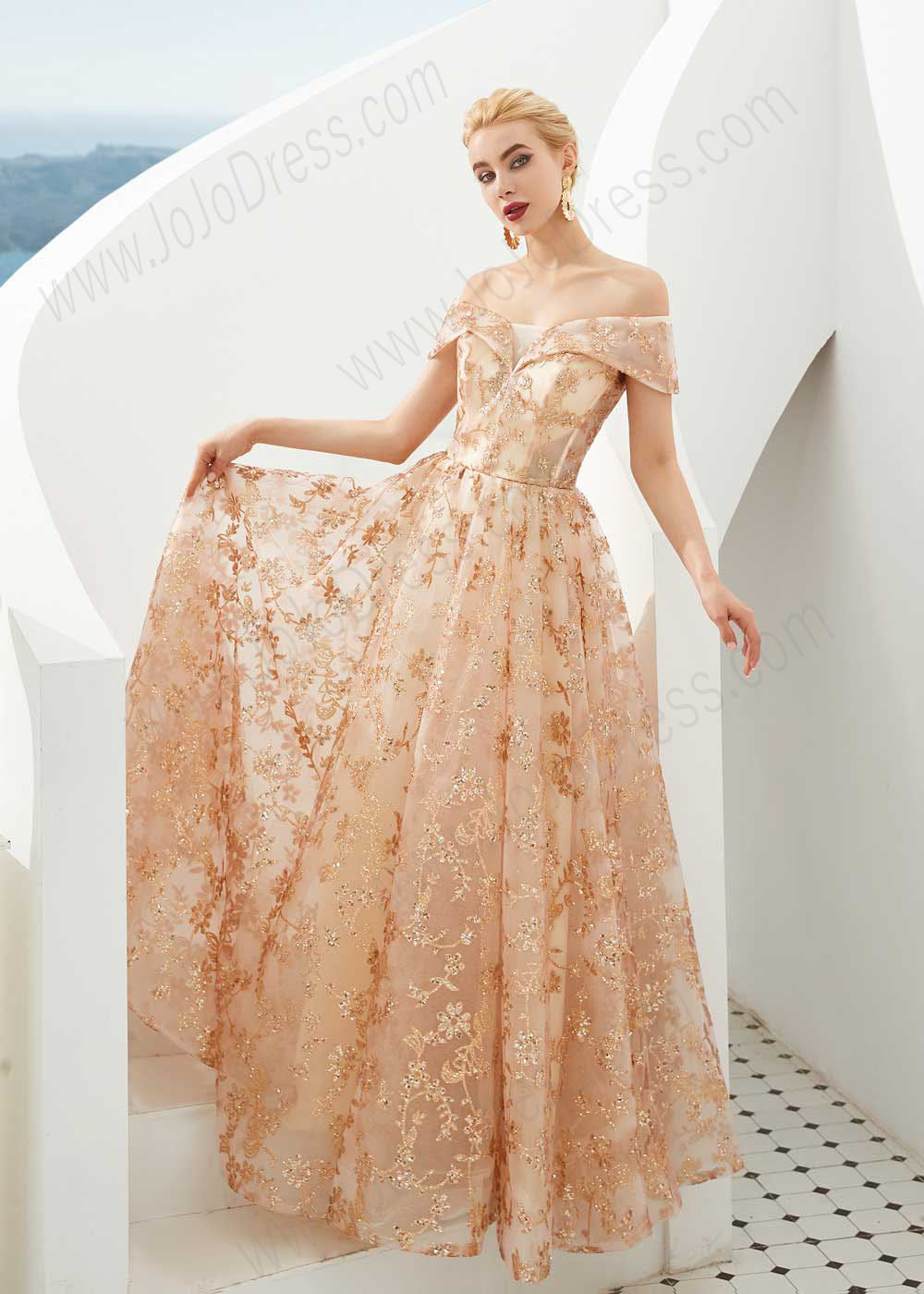 Rose Gold Lace Ball Gown Prom Dress