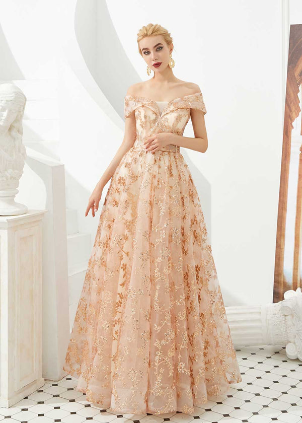 Rose Gold Lace Ball Gown Prom Dress