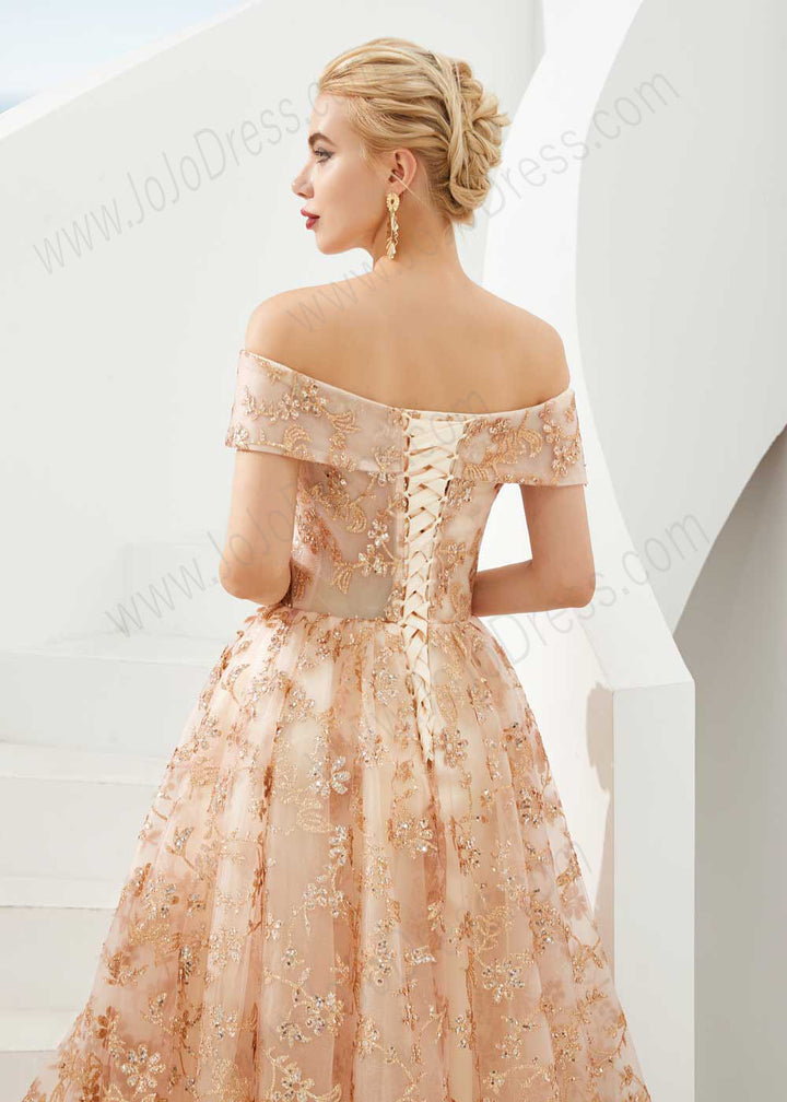 Rose Gold Lace Ball Gown Prom Dress