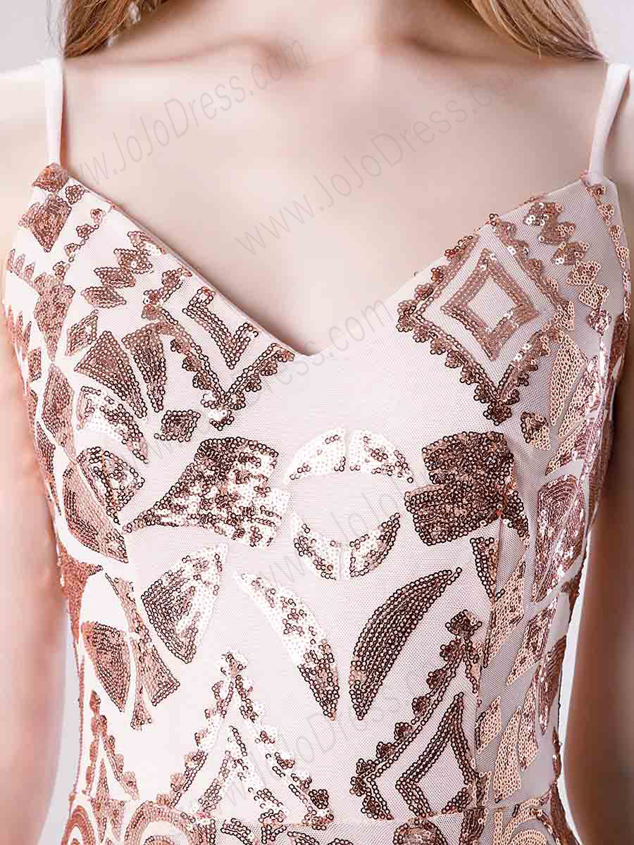 Rose Gold Sequin Lace Slim Prom Evening Dress 
