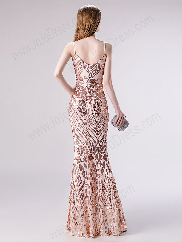 Rose Gold Sequin Lace Slim Prom Evening Dress 