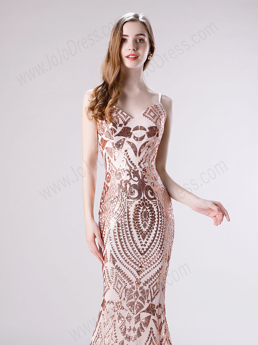 Rose Gold Sequin Lace Slim Prom Evening Dress 