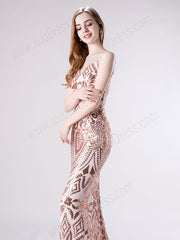 Rose Gold Sequin Lace Slim Prom Evening Dress 