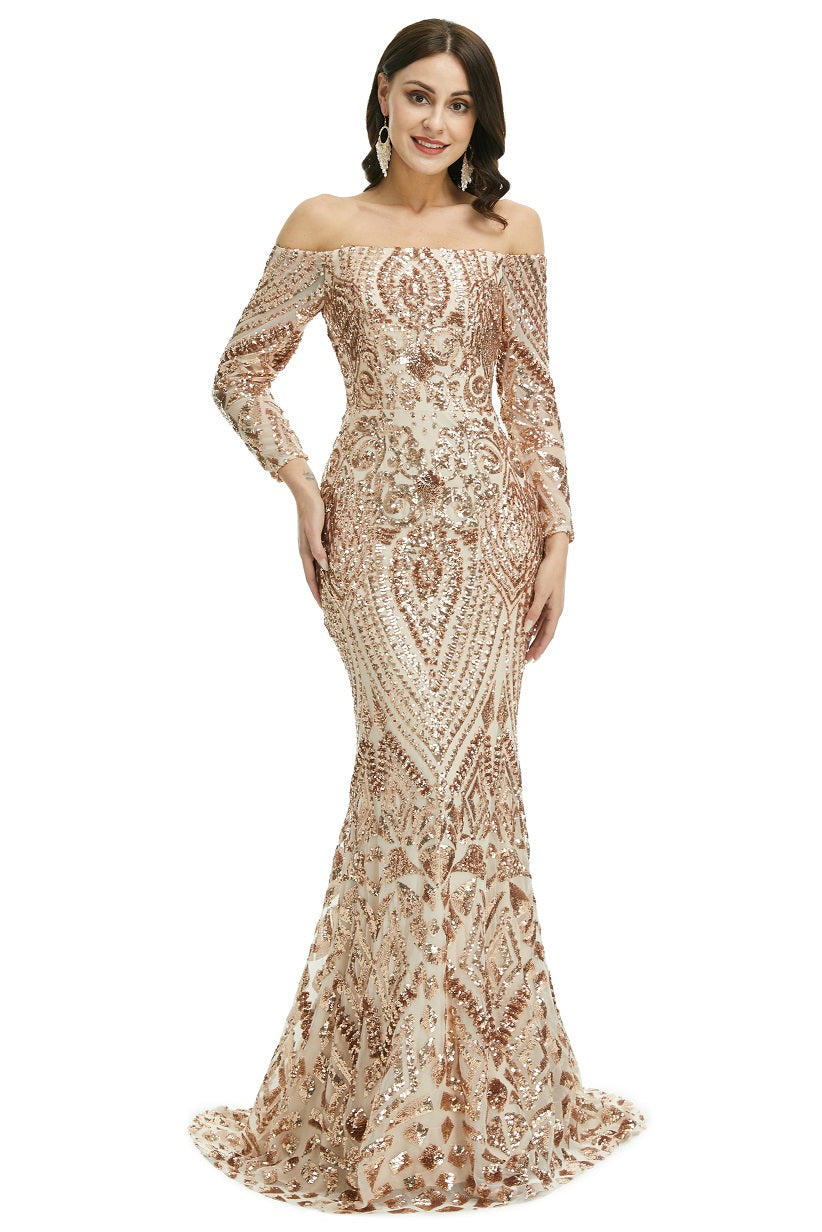 Rose Gold Off the Shoulder Maxi Fitted Gala Formal Evening Dress EN5009