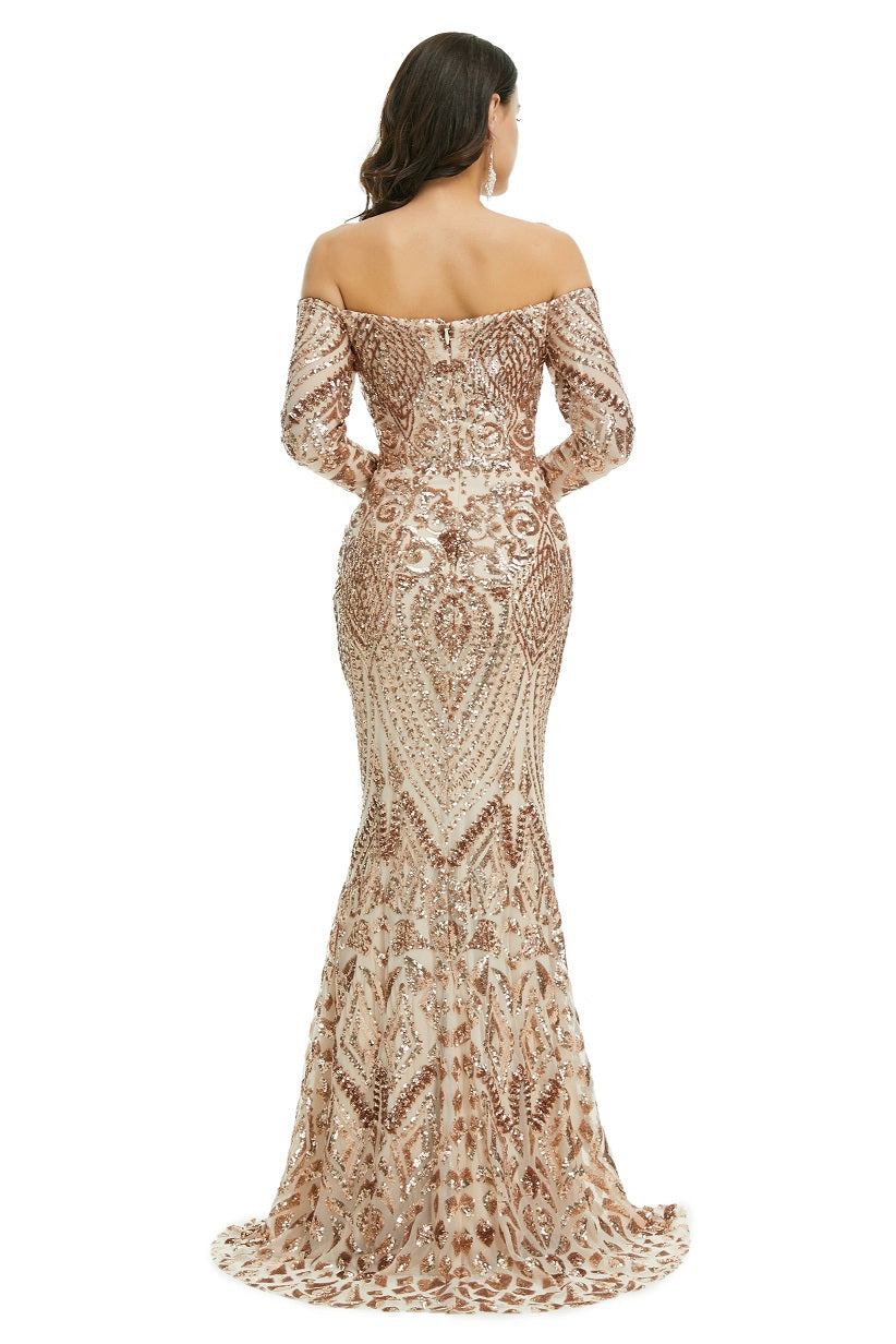 Rose Gold Off the Shoulder Maxi Fitted Gala Formal Evening Dress EN5009