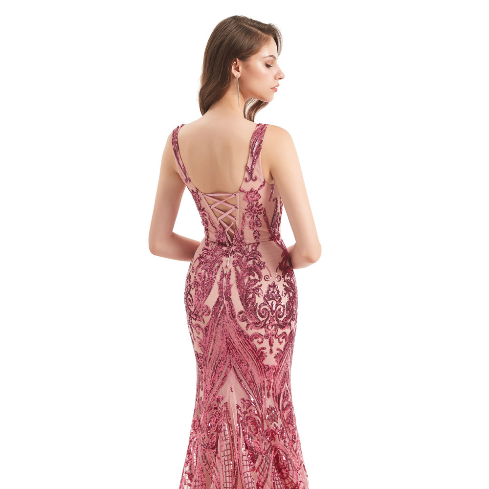 Rose Pink Fitted Lace Formal Evening Dress EN4801