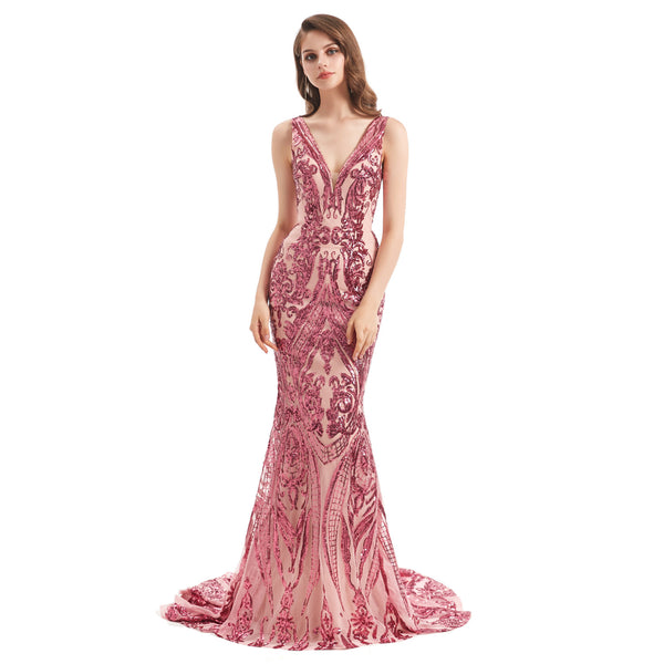 Rose Pink Fitted Lace Formal Evening Dress EN4801