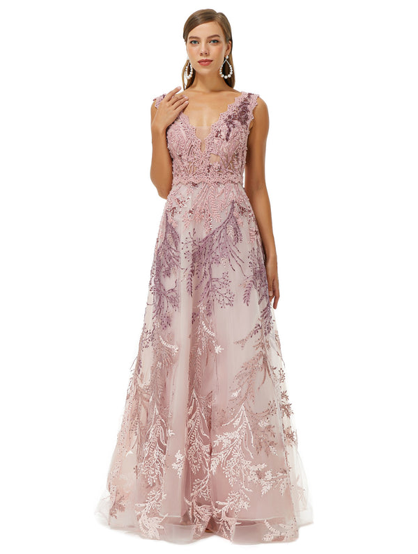 Rose Pink Lace Maxi Long Formal Gala Prom Evening Dress EN4504