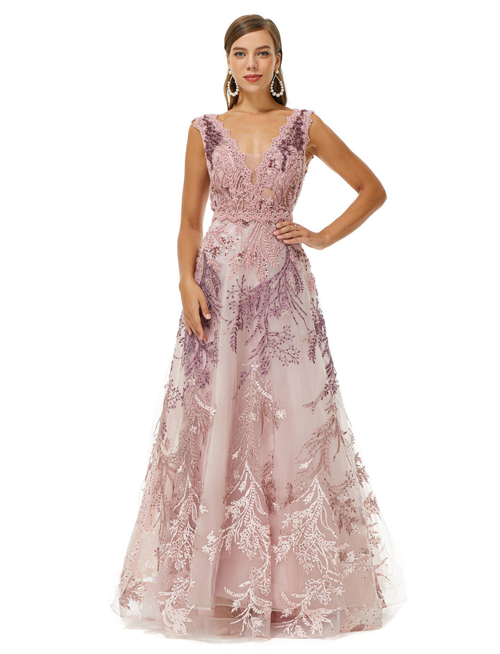Rose Pink Lace Maxi Long Formal Gala Prom Evening Dress EN4504
