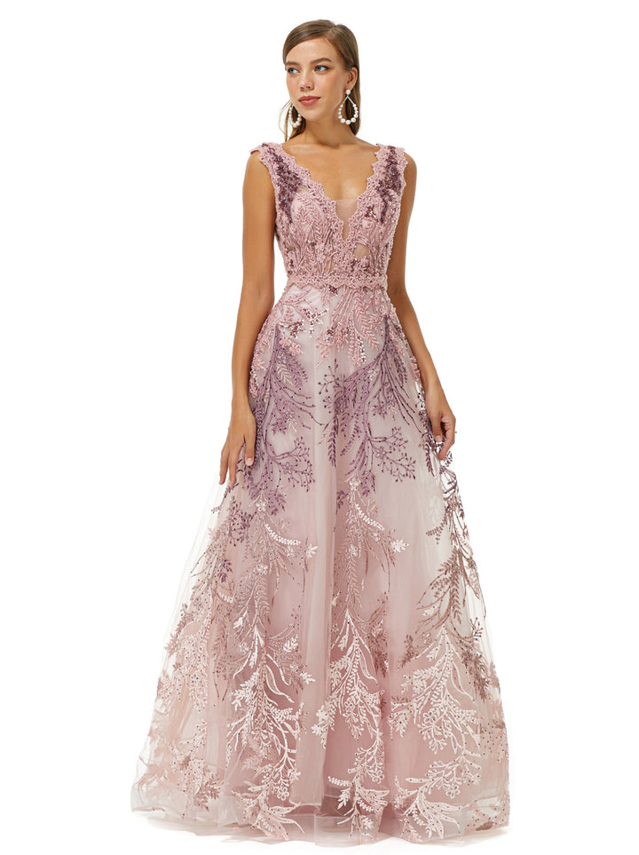 Rose Pink Lace Maxi Long Formal Gala Prom Evening Dress EN4504