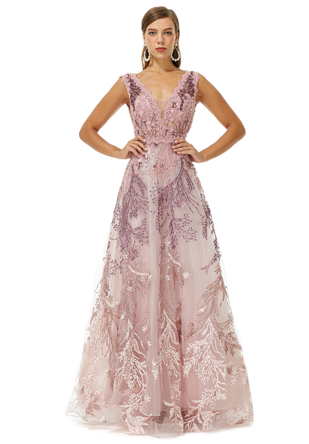 Rose Pink Lace Maxi Long Formal Gala Prom Evening Dress EN4504