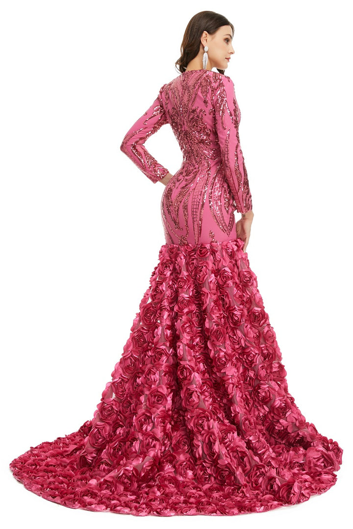 Rose Pink Sparkly Fitted Long Evening Dress with Rosette Skirt EN5006