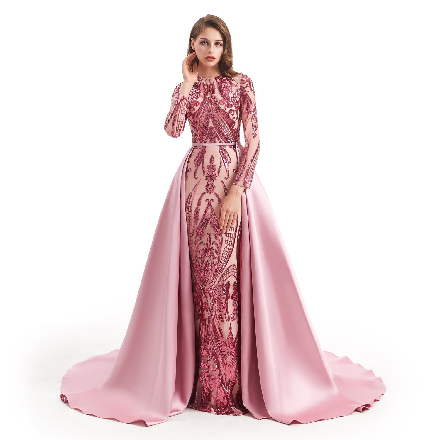 Modest Rose Pink Sequins Formal Gala Prom Evening Dress EN4813