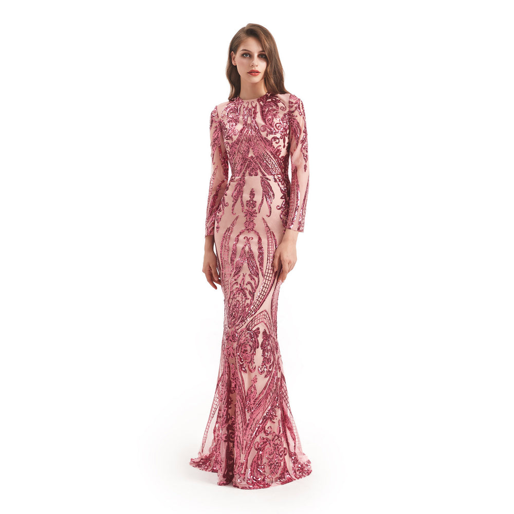 Modest Rose Pink Sequins Formal Gala Prom Evening Dress EN4813