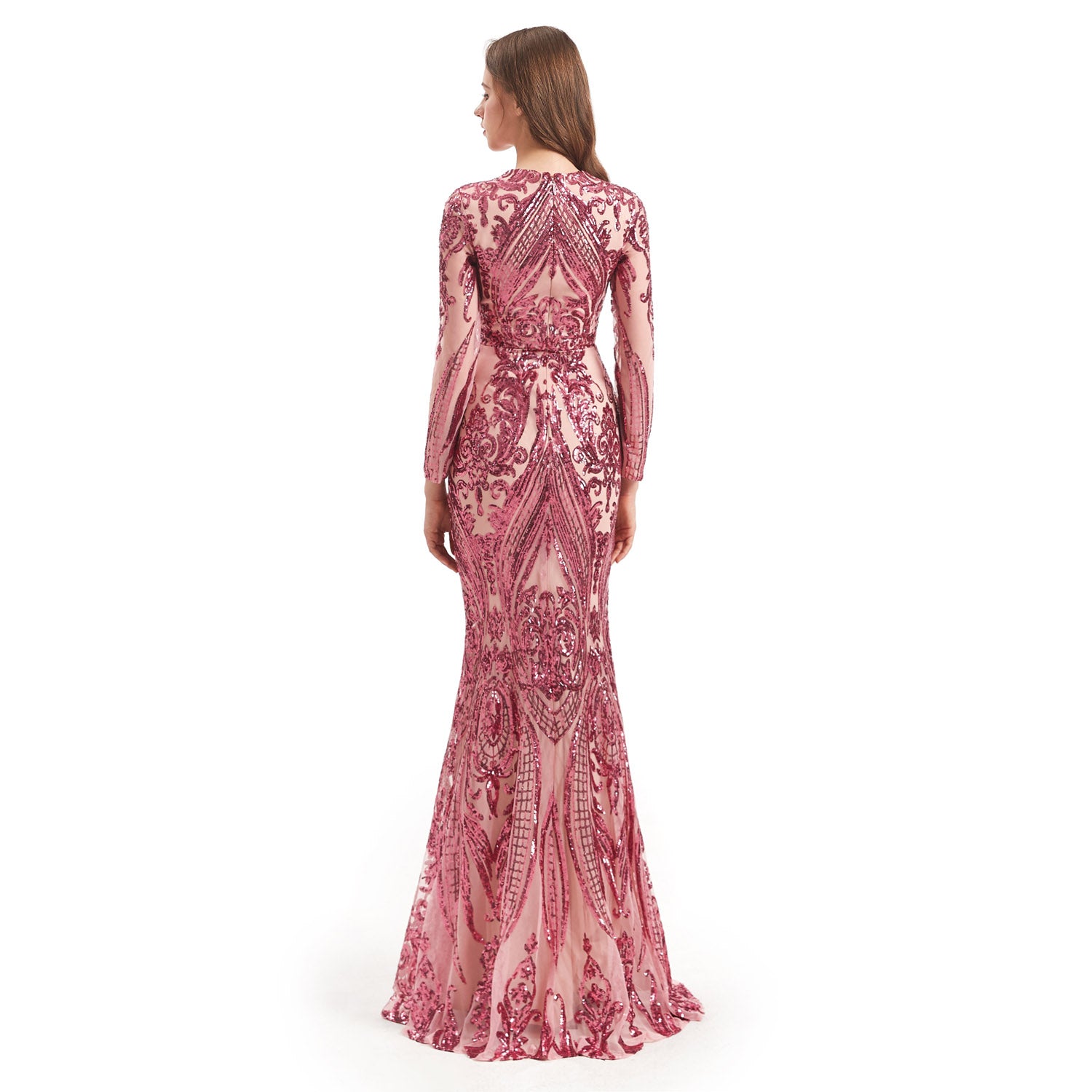 Modest Rose Pink Sequins Formal Gala Prom Evening Dress EN4813