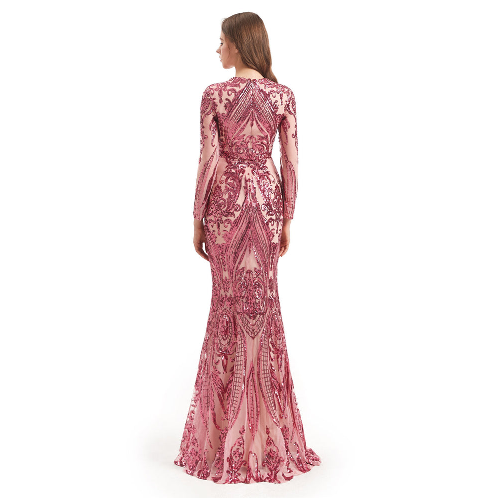 Modest Rose Pink Sequins Formal Gala Prom Evening Dress EN4813