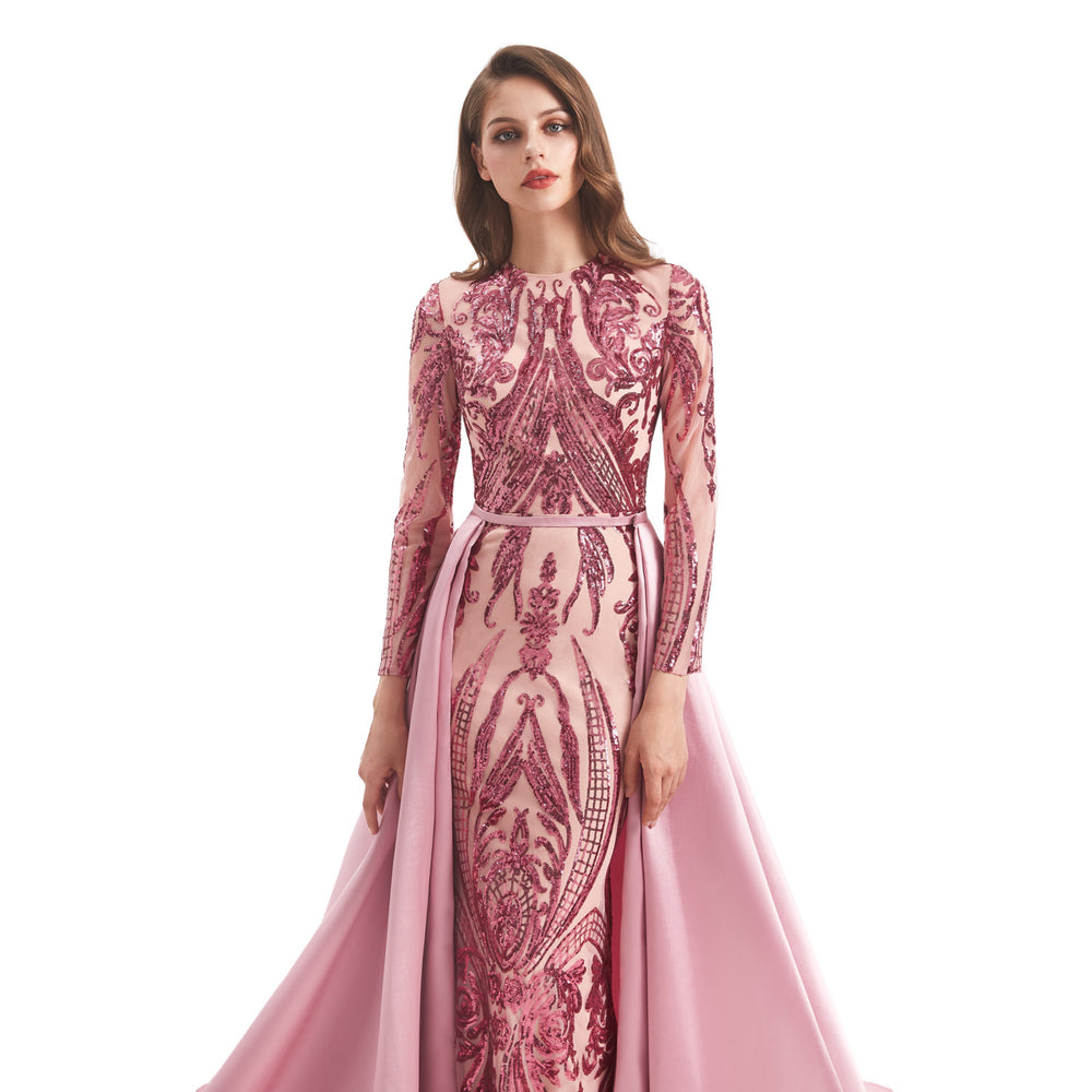 Modest Rose Pink Sequins Formal Gala Prom Evening Dress EN4813