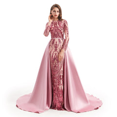 Modest Rose Pink Sequins Formal Gala Prom Evening Dress EN4813