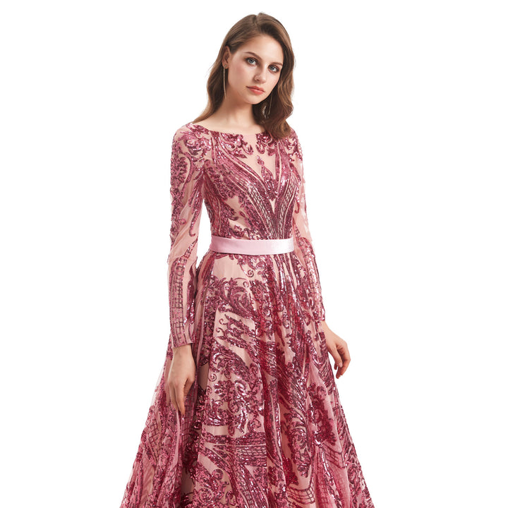 Rose Pink Sparkly Lace Ball Gown Formal Dress EN4802