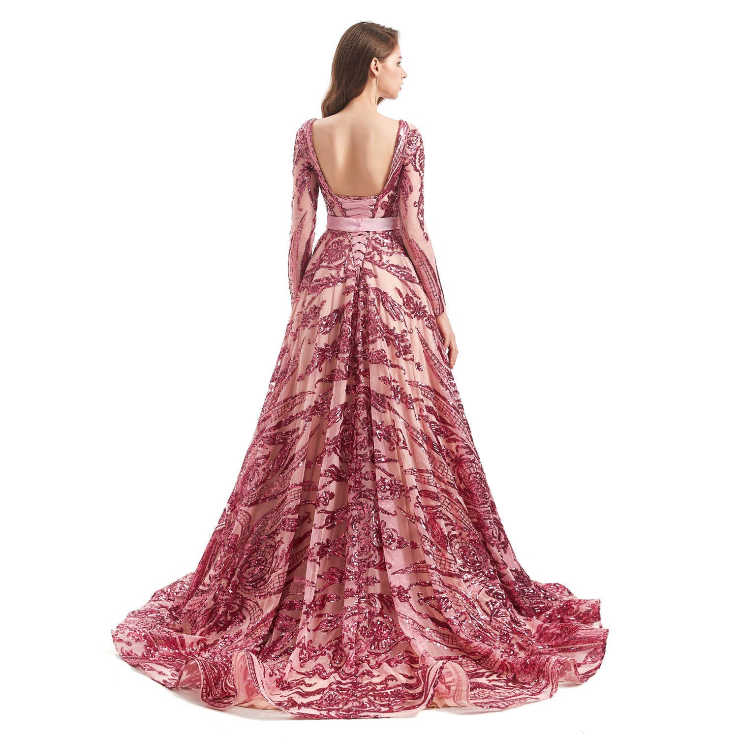 Rose Pink Sparkly Lace Ball Gown Formal Dress EN4802