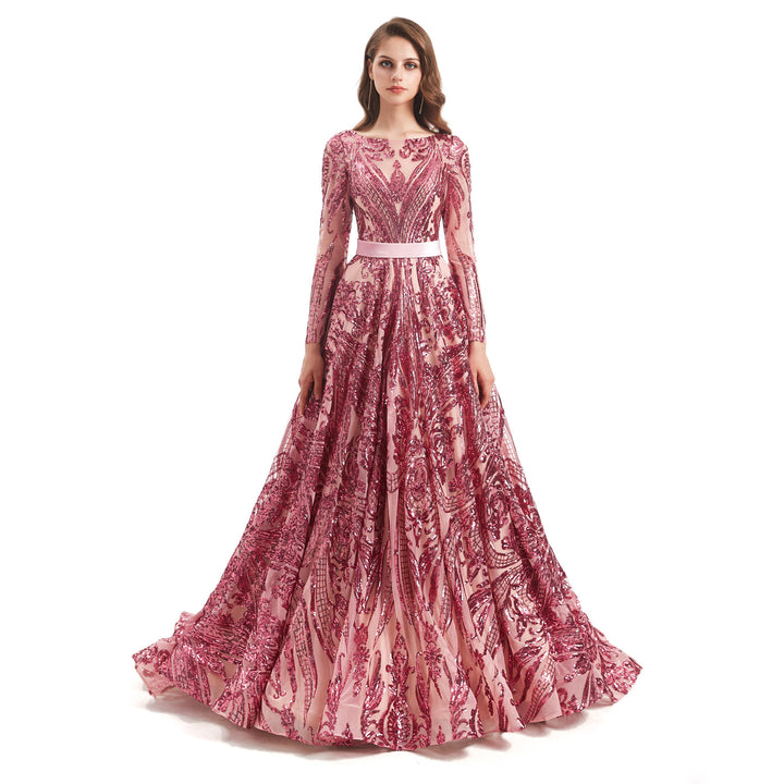 Rose Pink Sparkly Lace Ball Gown Formal Dress EN4802
