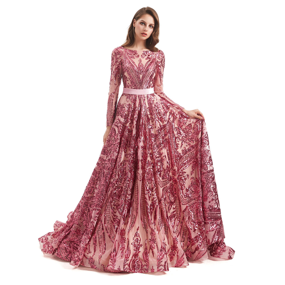 Rose Pink Sparkly Lace Ball Gown Formal Dress EN4802