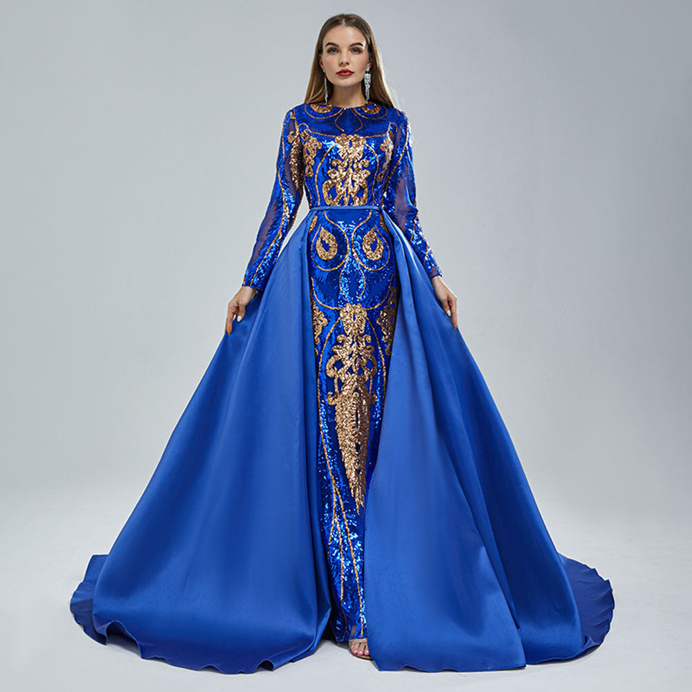 Royal Blue Gold Lace Appliqued Long Sleeve A Line Wedding Dresses | Blue  ball gowns, Wedding dress sleeves, Royal blue ball gown