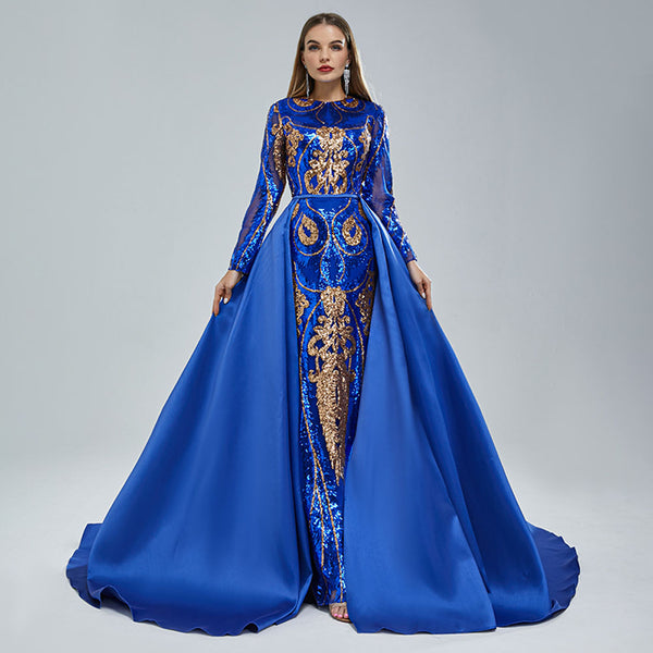 Long Royal Blue Sequins Pageant Evening Dress with Detachable Train EN5406