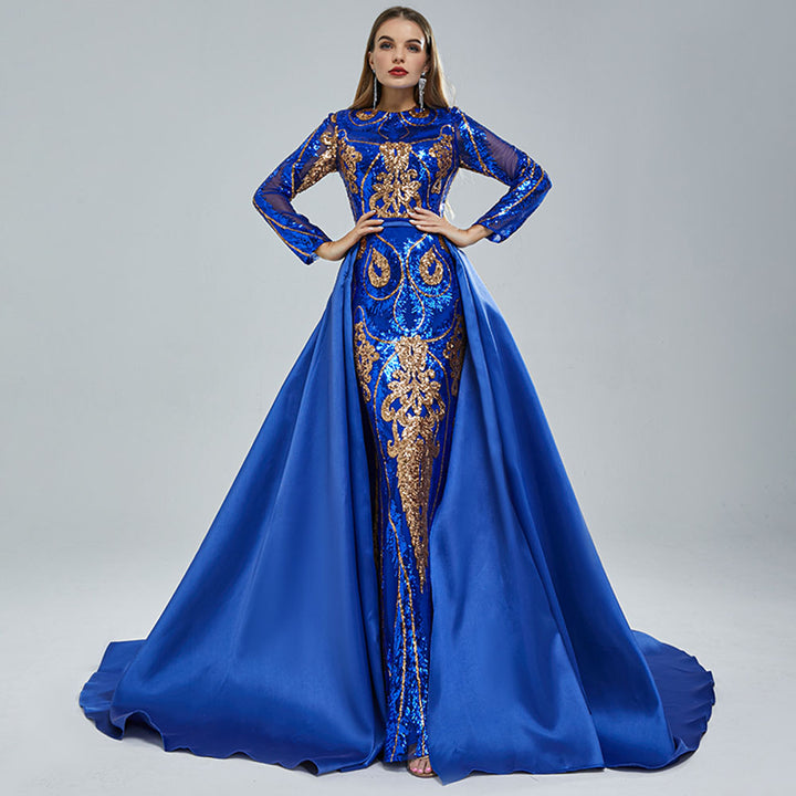 Long Royal Blue Sequins Pageant Evening Dress with Detachable Train EN5406