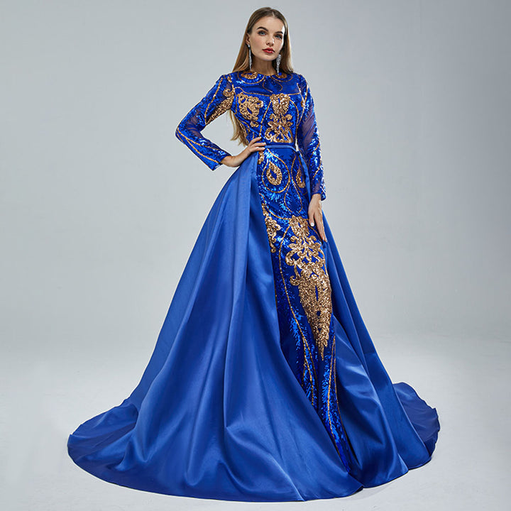 Long Royal Blue Sequins Pageant Evening Dress with Detachable Train EN5406