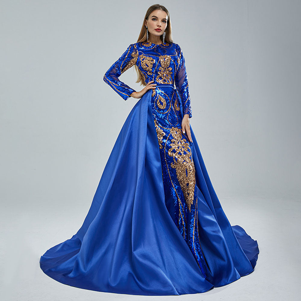 Long Royal Blue Sequins Pageant Evening Dress with Detachable Train EN5406 Size 6 / Blue